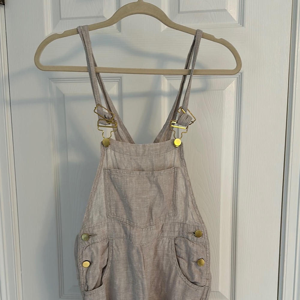 We Wore What Stylish Tan/Beige Overalls with Gold Accents